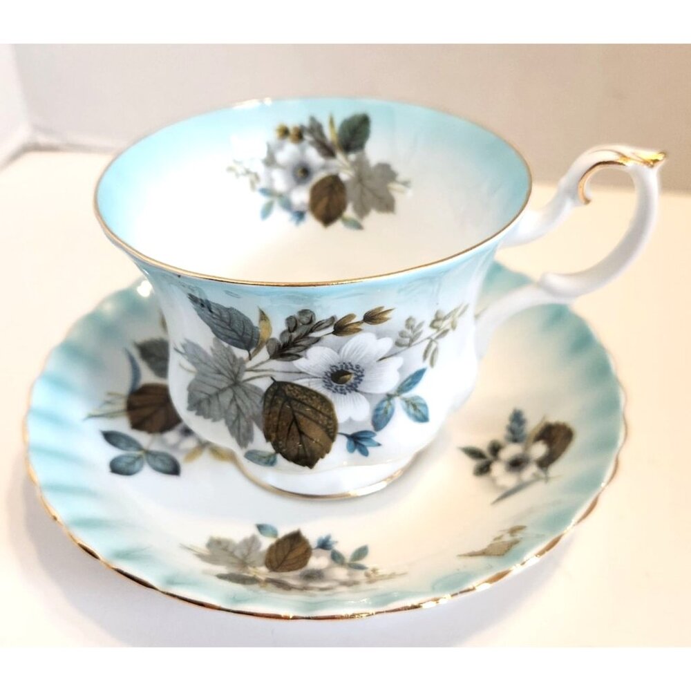 Royal Albert Bone China Teacup & Saucer Set With Blue Floral & Gold Trim Scallop